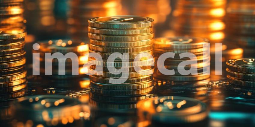 Stacks of gleaming gold coins shimmer under the light, symbolizing prosperity, abundance, and the allure of riches