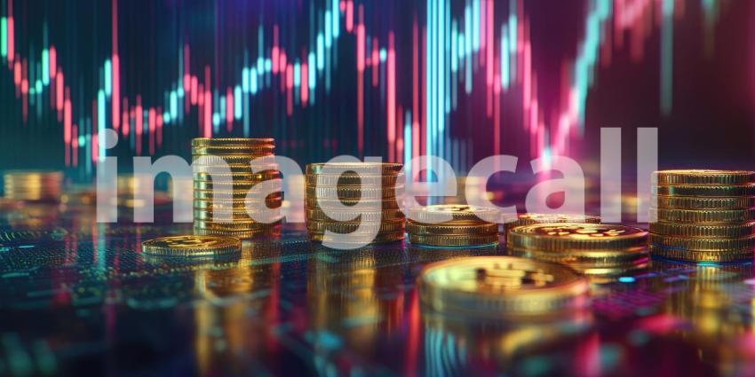 A stack of golden coins stands tall amidst a dynamic display of stock market data, symbolizing the ebb and flow of financial markets and the constant pursuit of investment opportunities