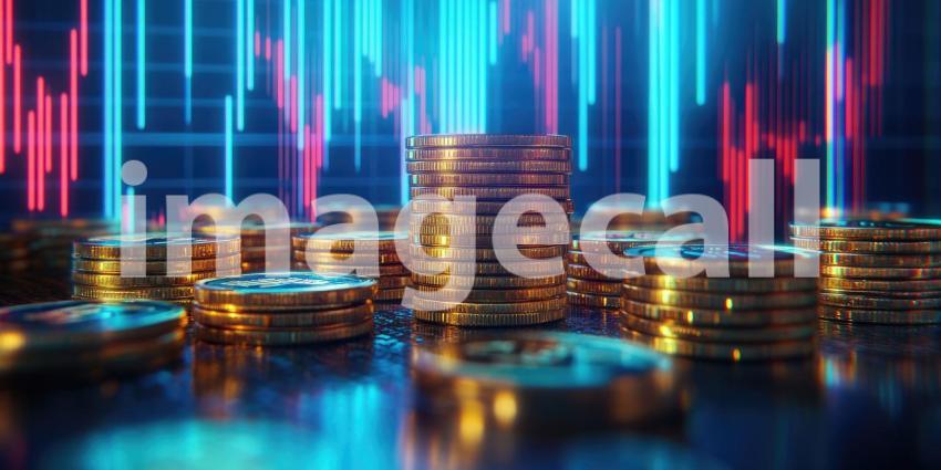 A stack of golden coins stands tall amidst a dynamic display of stock market data, symbolizing the ebb and flow of financial markets and the constant pursuit of investment opportunities