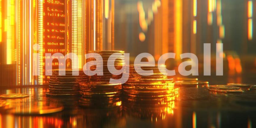 A stack of golden coins stands tall amidst a dynamic display of stock market data, symbolizing the ebb and flow of financial markets and the constant pursuit of investment opportunities