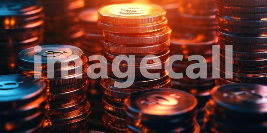 Stacks of gleaming gold coins shimmer under the light, symbolizing prosperity, abundance, and the allure of riches