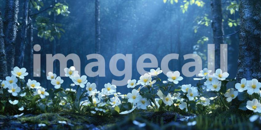 A field of delicate white flowers, bathed in a soft, ethereal light, creates a magical and enchanting scene within a mystical forest