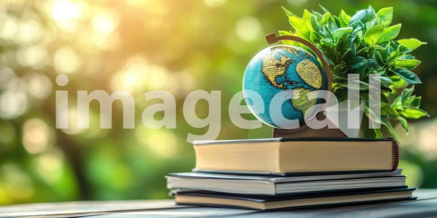 A globe, a symbol of exploration and discovery, rests atop a stack of books, surrounded by lush greenery, representing the power of education to broaden horizons and foster a deeper understanding of our planet