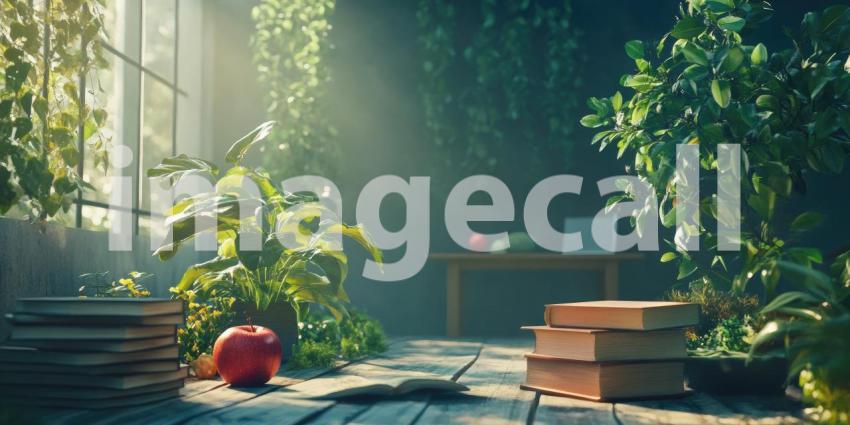 A globe, a symbol of exploration and discovery, rests atop a stack of books, surrounded by lush greenery, representing the power of education to broaden horizons and foster a deeper understanding of our planet