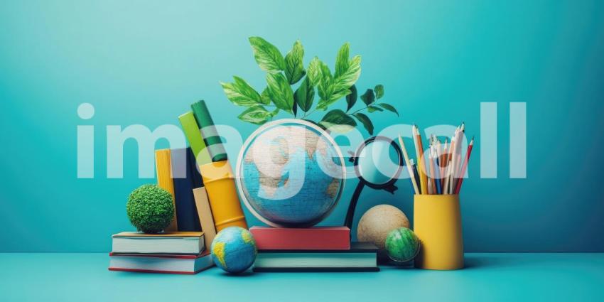 A globe, a symbol of exploration and discovery, rests atop a stack of books, surrounded by lush greenery, representing the power of education to broaden horizons and foster a deeper understanding of our planet