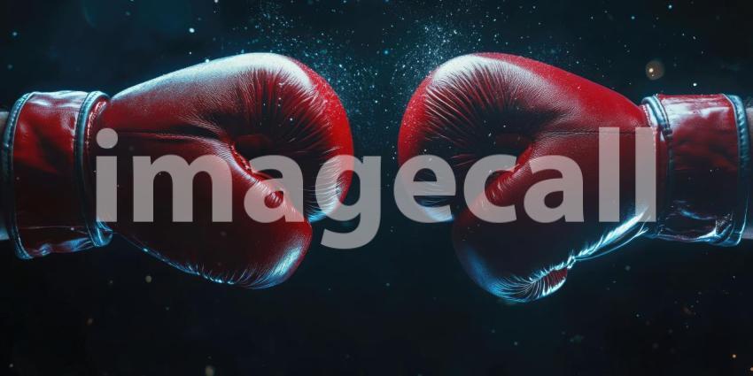 A pair of red boxing gloves face off against a backdrop of dramatic lighting and sparks, capturing the intensity and anticipation of a championship bout