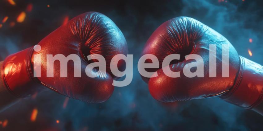 A pair of red boxing gloves face off against a backdrop of dramatic lighting and sparks, capturing the intensity and anticipation of a championship bout