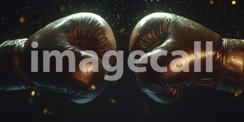A pair of red boxing gloves face off against a backdrop of dramatic lighting and sparks, capturing the intensity and anticipation of a championship bout