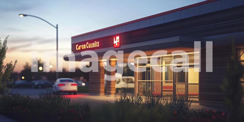 A retro-style diner glows with warm light against the backdrop of a vibrant sunset, inviting weary travelers to pull over and enjoy a late-night meal