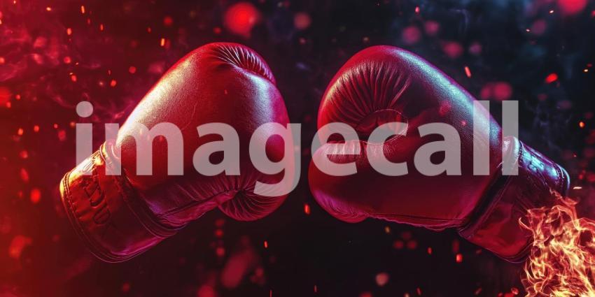 A pair of red boxing gloves face off against a backdrop of dramatic lighting and sparks, capturing the intensity and anticipation of a championship bout