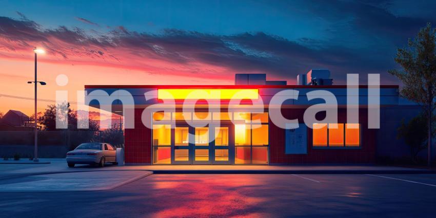 A retro-style diner glows with warm light against the backdrop of a vibrant sunset, inviting weary travelers to pull over and enjoy a late-night meal