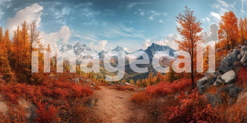 A breathtaking panorama of a mountain landscape, where vibrant autumn foliage paints the hillsides in fiery hues