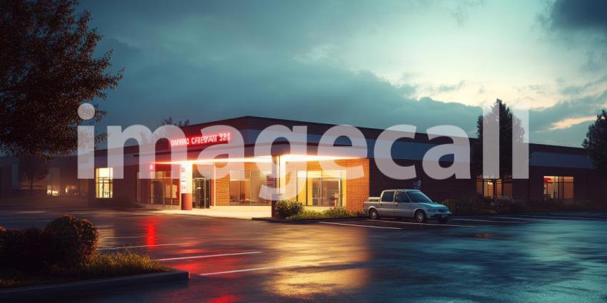 A retro-style diner glows with warm light against the backdrop of a vibrant sunset, inviting weary travelers to pull over and enjoy a late-night meal