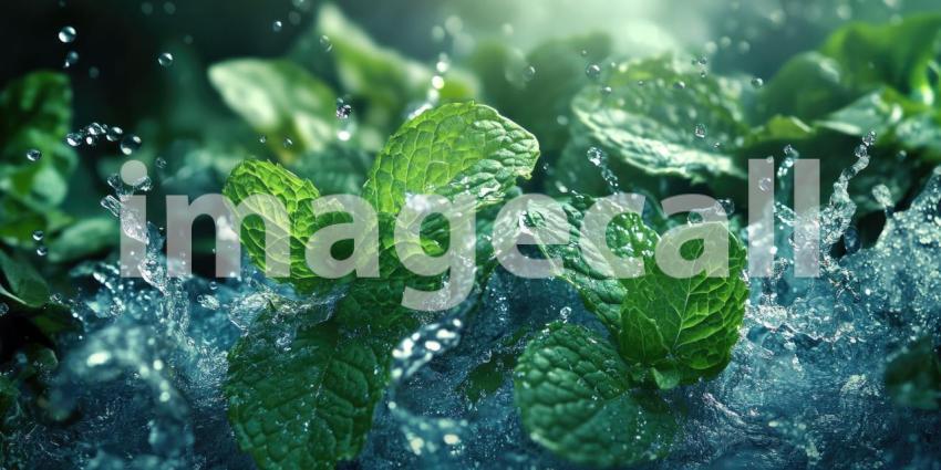 A vibrant spray of water splashes over a bed of lush mint leaves, capturing the invigorating scent and the essence of freshness