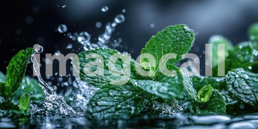 A vibrant spray of water splashes over a bed of lush mint leaves, capturing the invigorating scent and the essence of freshness
