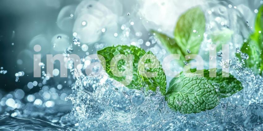 A vibrant spray of water splashes over a bed of lush mint leaves, capturing the invigorating scent and the essence of freshness