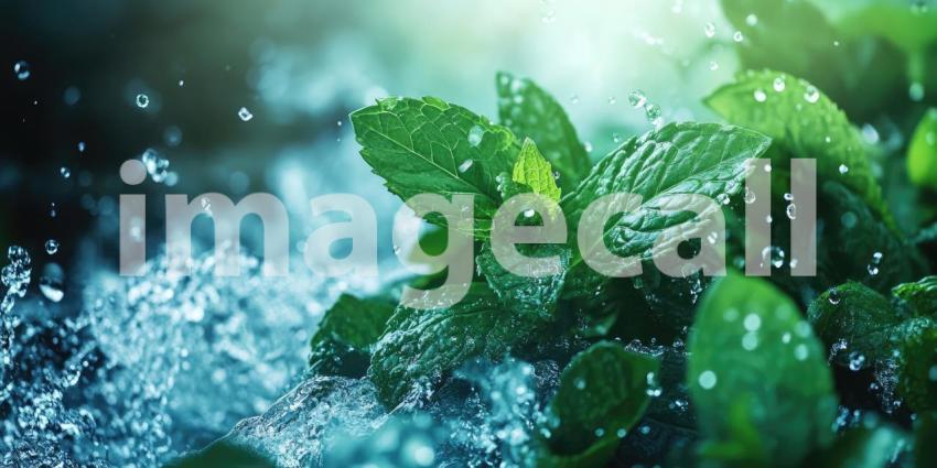 A vibrant spray of water splashes over a bed of lush mint leaves, capturing the invigorating scent and the essence of freshness