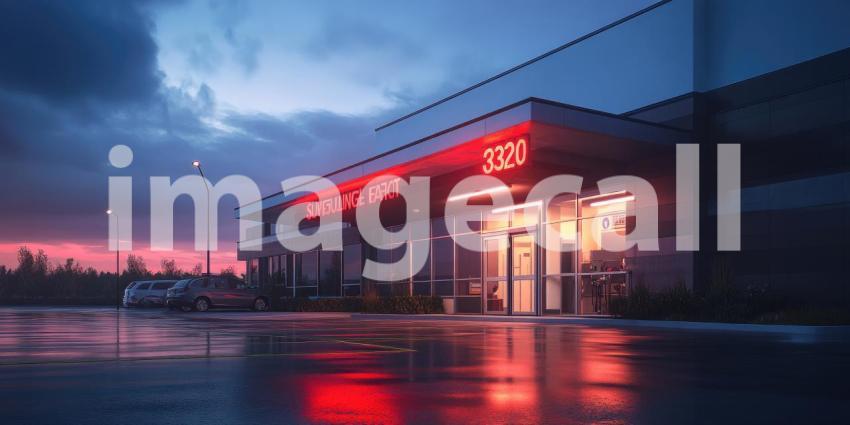 A retro-style diner glows with warm light against the backdrop of a vibrant sunset, inviting weary travelers to pull over and enjoy a late-night meal