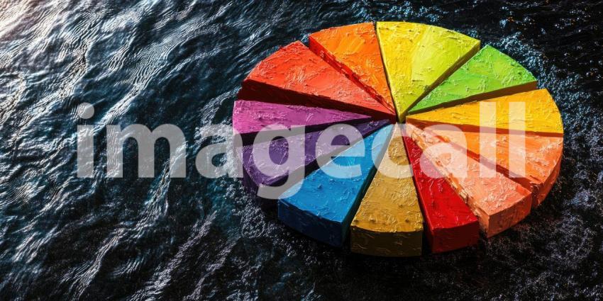A vibrant pie chart, painted in a rainbow of colors, floats serenely on the water, symbolizing the diverse opportunities and potential outcomes that lie ahead