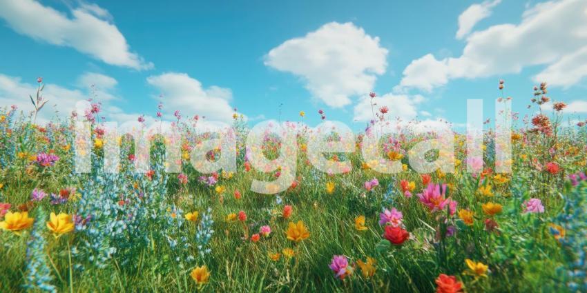 A breathtaking panorama of a vibrant meadow, ablaze with a kaleidoscope of wildflowers, stretches towards a backdrop of snow-capped mountains under a clear blue sky