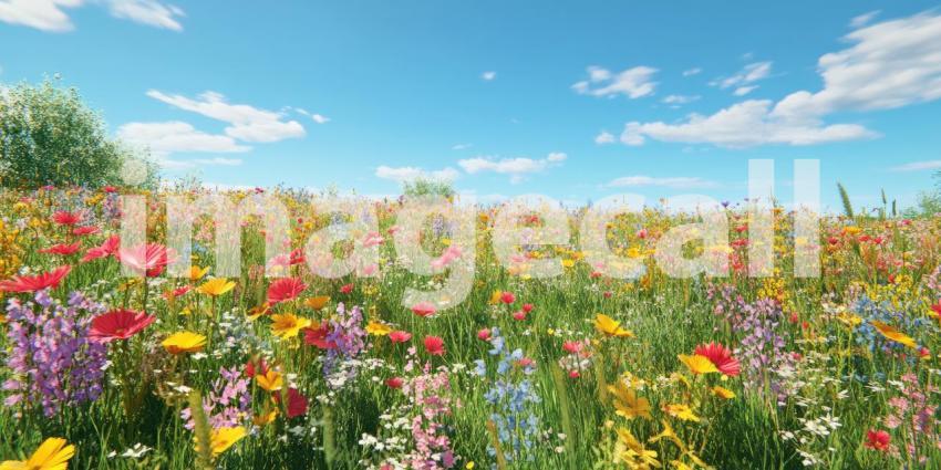 A breathtaking panorama of a vibrant meadow, ablaze with a kaleidoscope of wildflowers, stretches towards a backdrop of snow-capped mountains under a clear blue sky