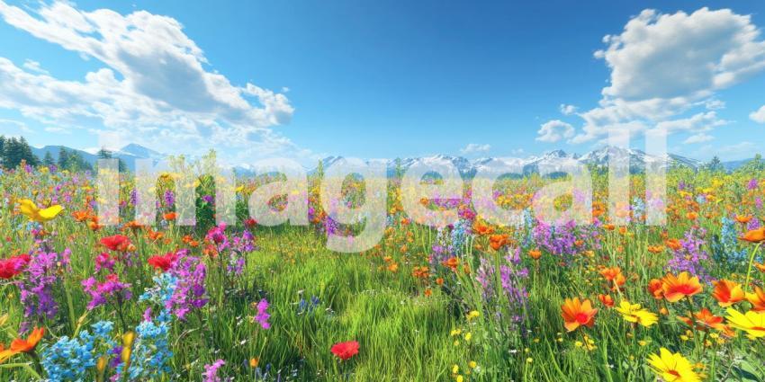 A breathtaking panorama of a vibrant meadow, ablaze with a kaleidoscope of wildflowers, stretches towards a backdrop of snow-capped mountains under a clear blue sky