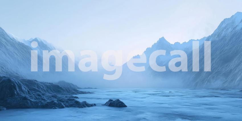 A breathtaking vista of a desolate, icy landscape, where snow-capped mountains rise majestically above a frozen lake, shrouded in a veil of mist