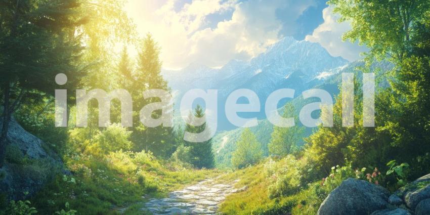 A sun-drenched mountain vista beckons with a winding path leading through a vibrant meadow, inviting you to embark on a journey of tranquility and exploration