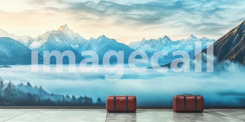 A breathtaking vista of a desolate, icy landscape, where snow-capped mountains rise majestically above a frozen lake, shrouded in a veil of mist