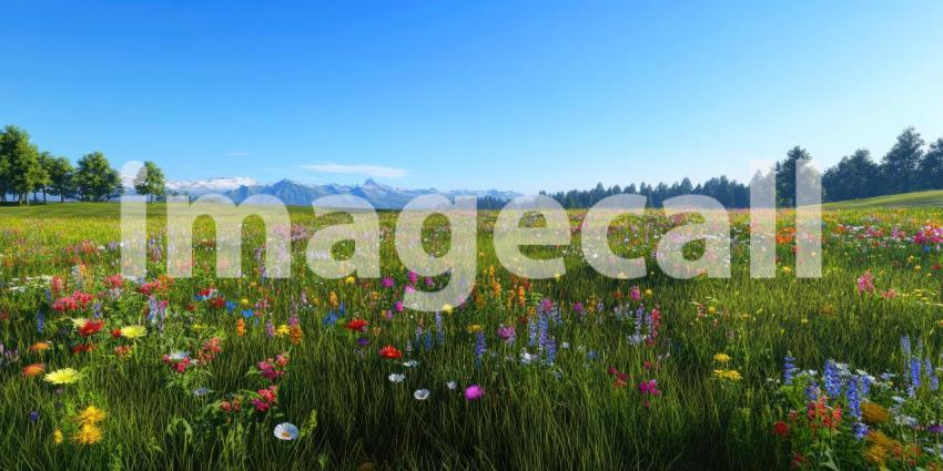 A breathtaking panorama of a vibrant meadow, ablaze with a kaleidoscope of wildflowers, stretches towards a backdrop of snow-capped mountains under a clear blue sky