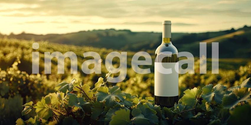 A bottle of wine stands tall amidst a picturesque vineyard, bathed in the warm glow of the setting sun, inviting you to raise a glass and savor the fruits of the vine