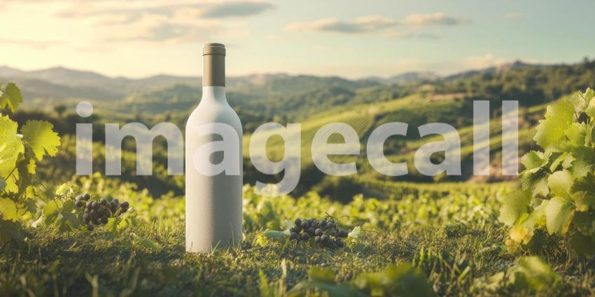 A bottle of wine stands tall amidst a picturesque vineyard, bathed in the warm glow of the setting sun, inviting you to raise a glass and savor the fruits of the vine