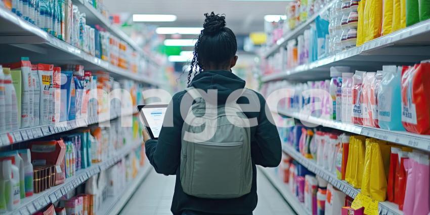 Person in a Denim Jacket with Shoulder-Length Hair Checking a Tablet, Surrounded by Shelves Brimming with Packaged Goods, Boxes, Cans, and Bags, in a Clean and Organized Store