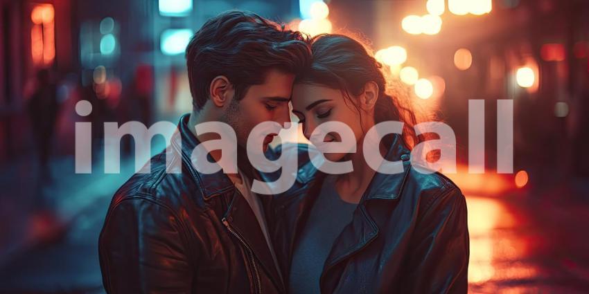 Two Individuals in Black Leather Jackets Standing Close Together in an Urban Setting at Night, Against a Backdrop of Street Lights and Figures Creating a Bokeh Effect with Warm and Cool Tones