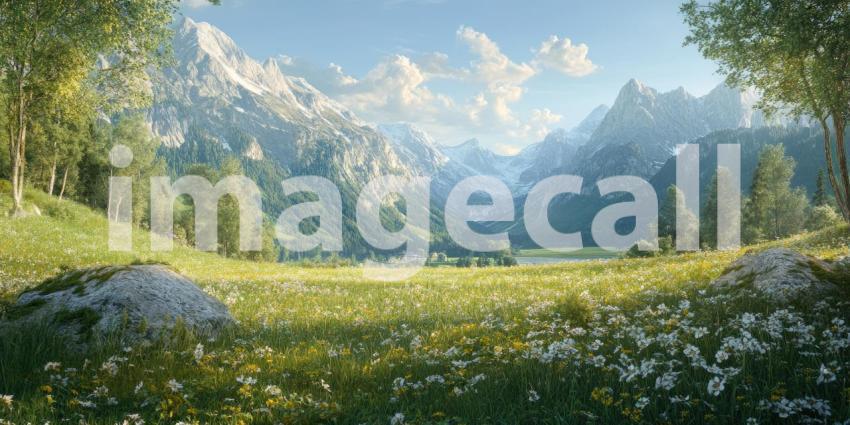 A sun-drenched mountain vista beckons with a winding path leading through a vibrant meadow, inviting you to embark on a journey of tranquility and exploration