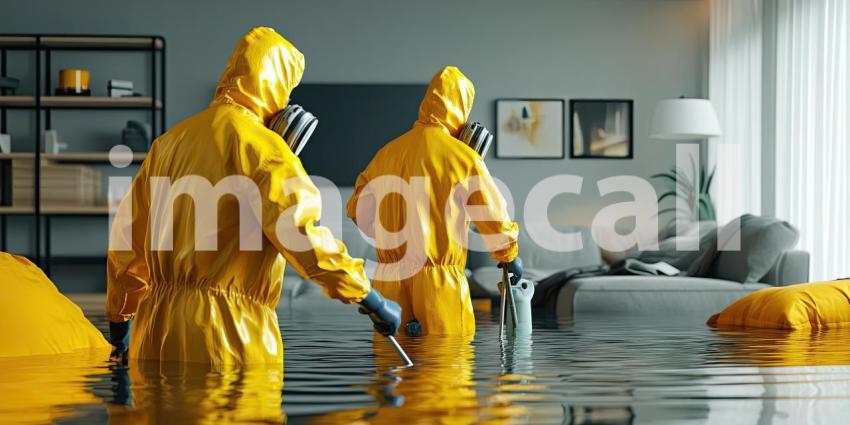 Two Individuals in Yellow Hazmat Suits Standing in a Flooded Room Engaged in Cleanup or Inspection with Water Reaching Knees, Room Furnished with Sofa, Coffee Table, Lamp, and Bed