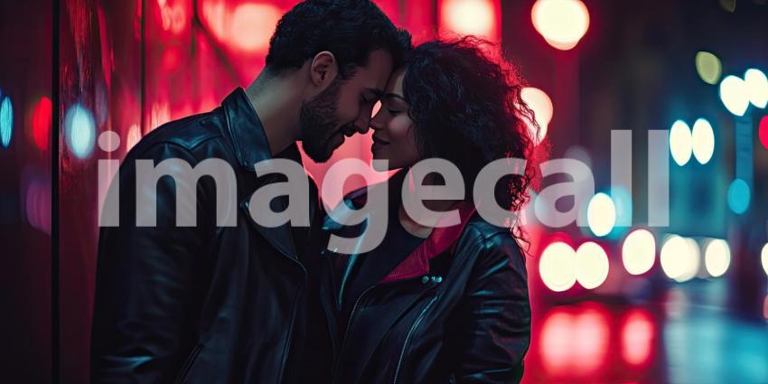 Two Individuals in Black Leather Jackets Standing Close Together in an Urban Setting at Night, Against a Backdrop of Street Lights and Figures Creating a Bokeh Effect with Warm and Cool Tones