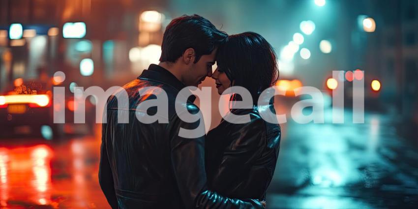 Two Individuals in Black Leather Jackets Standing Close Together in an Urban Setting at Night, Against a Backdrop of Street Lights and Figures Creating a Bokeh Effect with Warm and Cool Tones