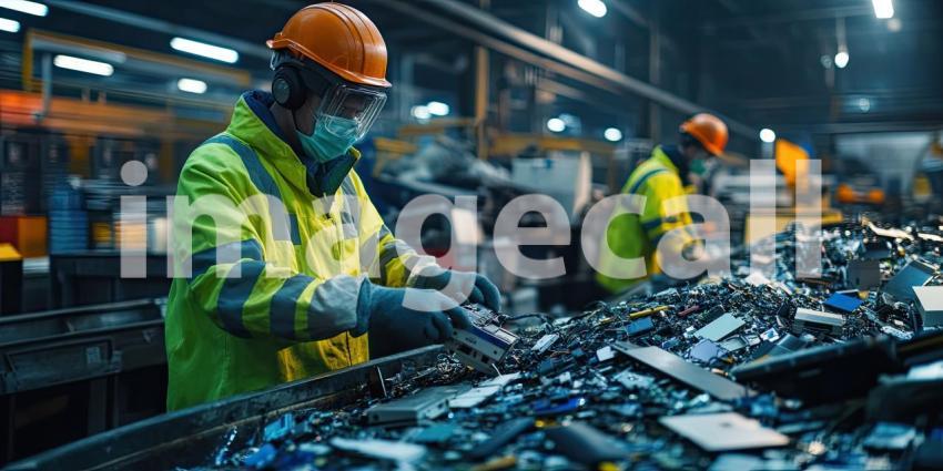 Inside a Recycling Facility: Workers Sorting through Electronic Waste on a Conveyor Belt, Wearing High-Visibility Jackets and Hard Hats, with Industrial Equipment and Machinery in the Well-Lit Background