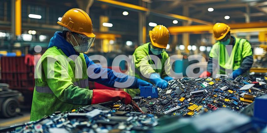 Inside a Recycling Facility: Workers Sorting through Electronic Waste on a Conveyor Belt, Wearing High-Visibility Jackets and Hard Hats, with Industrial Equipment and Machinery in the Well-Lit Background