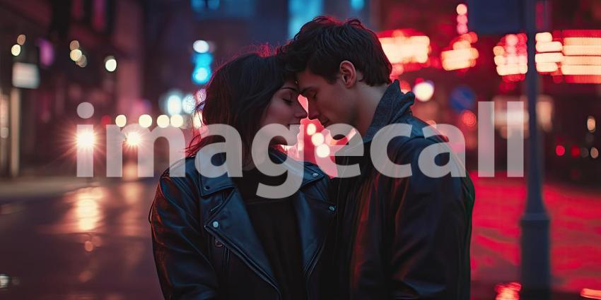 Two Individuals in Black Leather Jackets Standing Close Together in an Urban Setting at Night, Against a Backdrop of Street Lights and Figures Creating a Bokeh Effect with Warm and Cool Tones