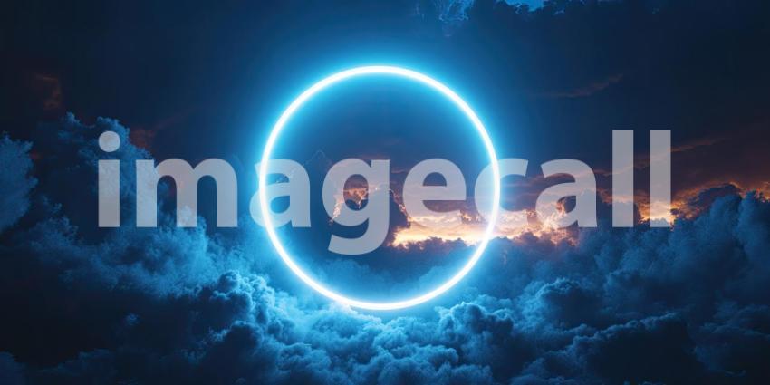 A luminous neon ring hovers amidst a dramatic sky, piercing through the clouds and beckoning the viewer towards the unknown