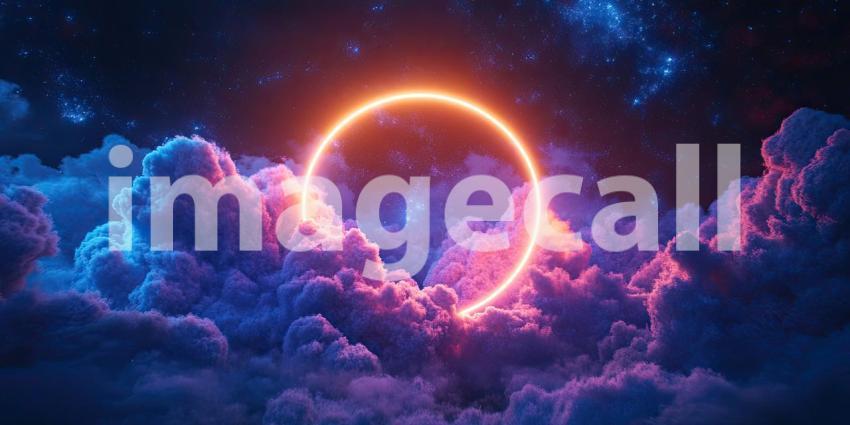 A luminous neon ring hovers amidst a dramatic sky, piercing through the clouds and beckoning the viewer towards the unknown