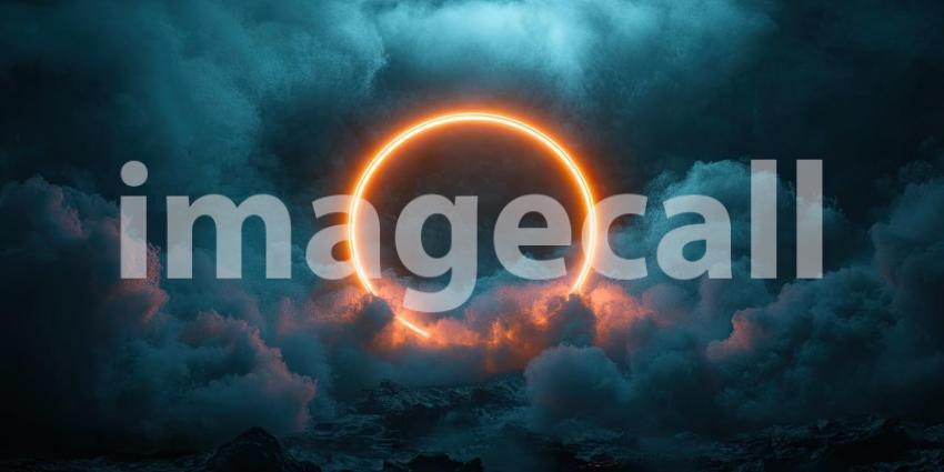 A luminous neon ring hovers amidst a dramatic sky, piercing through the clouds and beckoning the viewer towards the unknown