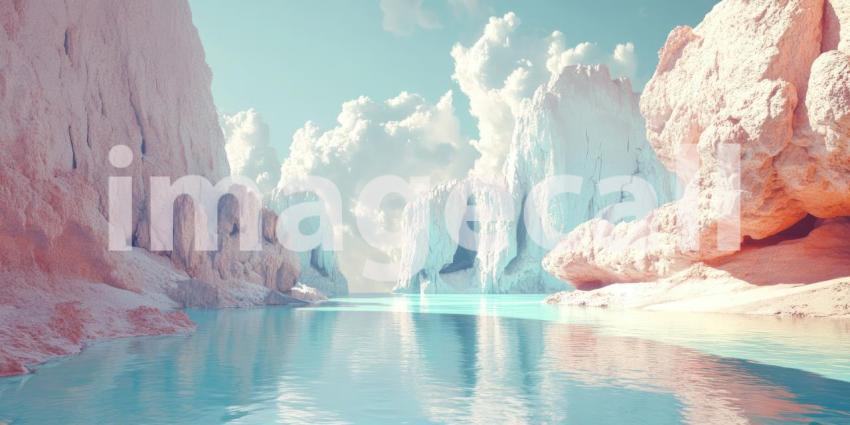 A surreal landscape unfolds, where towering icy cliffs frame a serene lake, reflecting the ethereal glow of a giant, pink moon in a dreamlike, otherworldly scene