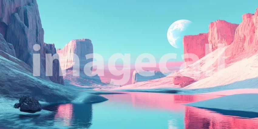 A surreal landscape unfolds, where towering icy cliffs frame a serene lake, reflecting the ethereal glow of a giant, pink moon in a dreamlike, otherworldly scene
