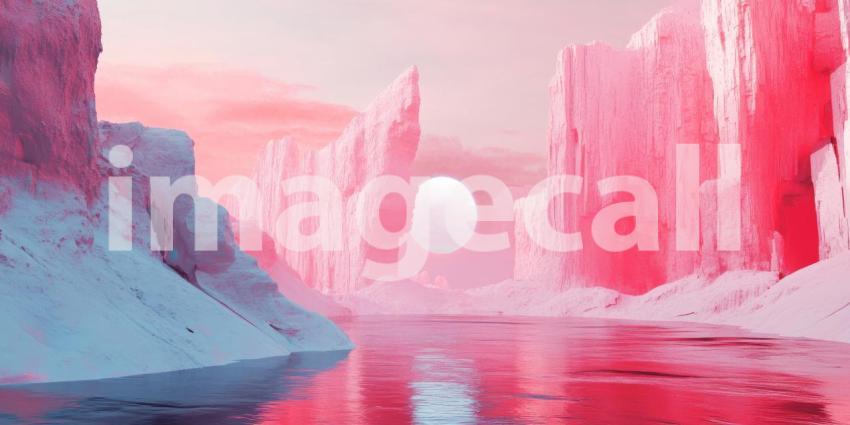 A surreal landscape unfolds, where towering icy cliffs frame a serene lake, reflecting the ethereal glow of a giant, pink moon in a dreamlike, otherworldly scene