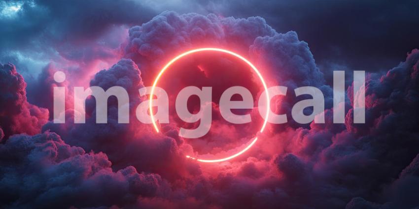 A luminous neon ring hovers amidst a dramatic sky, piercing through the clouds and beckoning the viewer towards the unknown