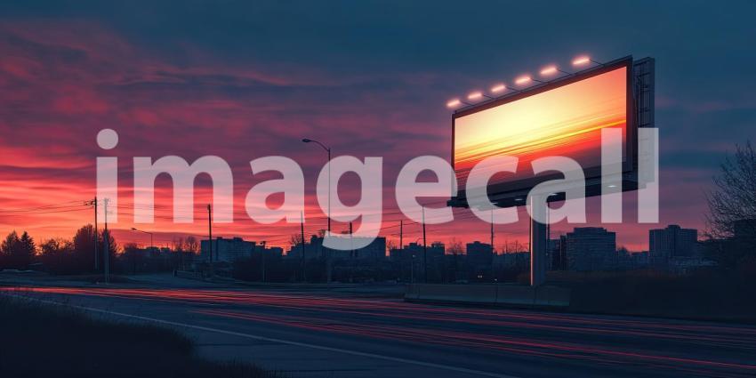 A vibrant billboard, illuminated against a fiery sunset, captures the attention of passing motorists, reflecting the dynamic energy of the city below