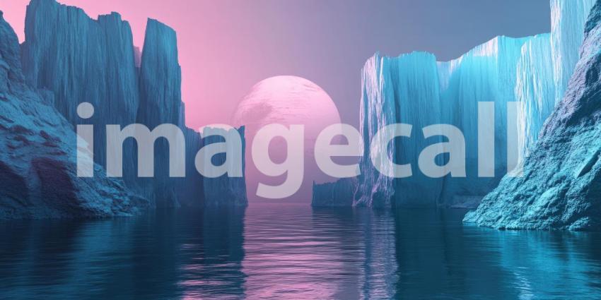 A surreal landscape unfolds, where towering icy cliffs frame a serene lake, reflecting the ethereal glow of a giant, pink moon in a dreamlike, otherworldly scene